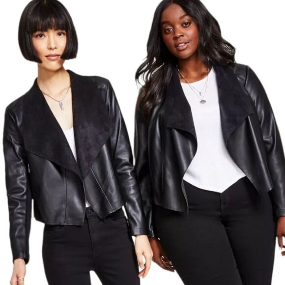 Bar III Black Faux Leather Drape Jacket (S) - Picture 1 of 6